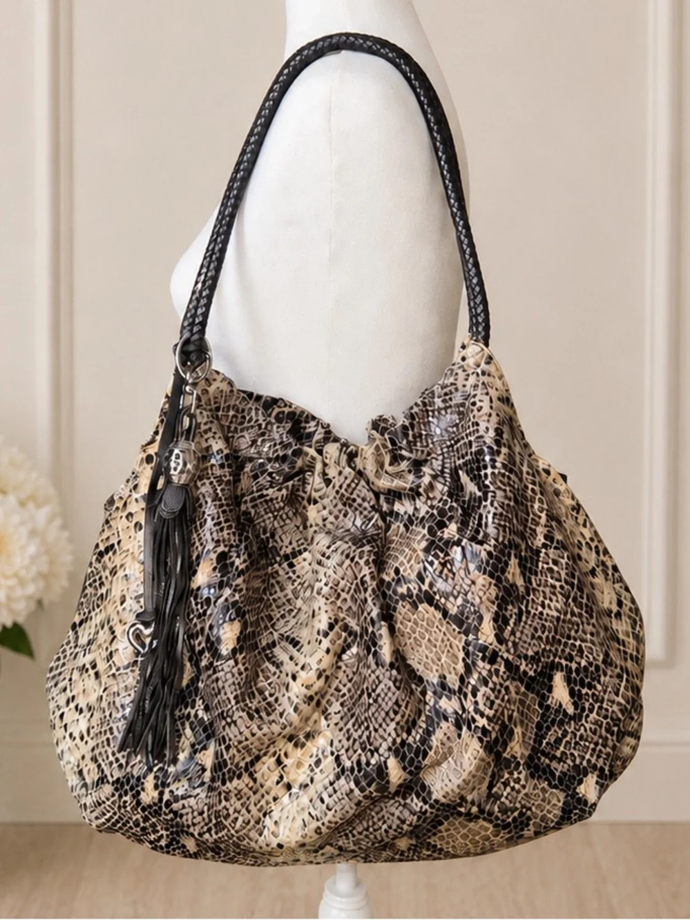 Brighton Nolita Snakeskin Print Leather Hobo Bag Python Tassel Large